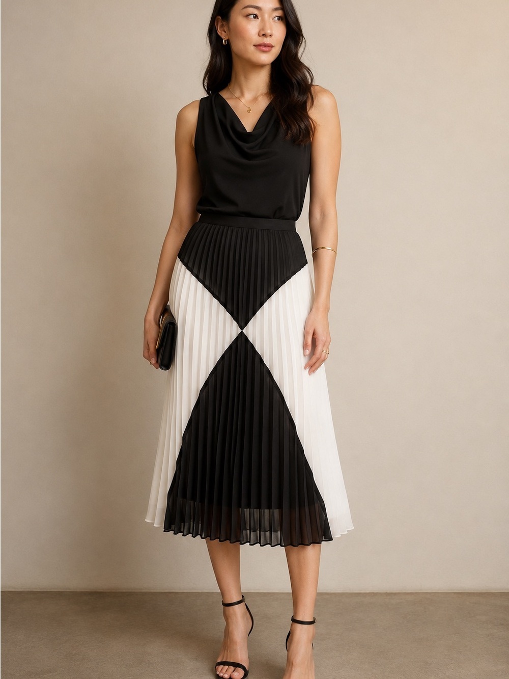 Halogen Black & White Pleated Geometric Midi Skirt